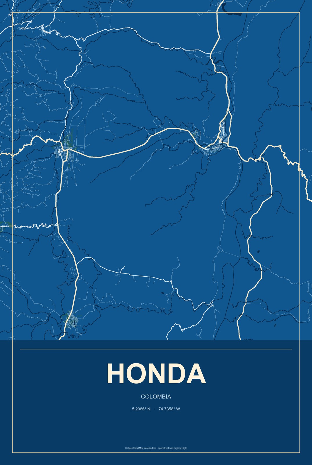 Honda, Colombia City Map Aluminum Sign in Harbor Cobalt style