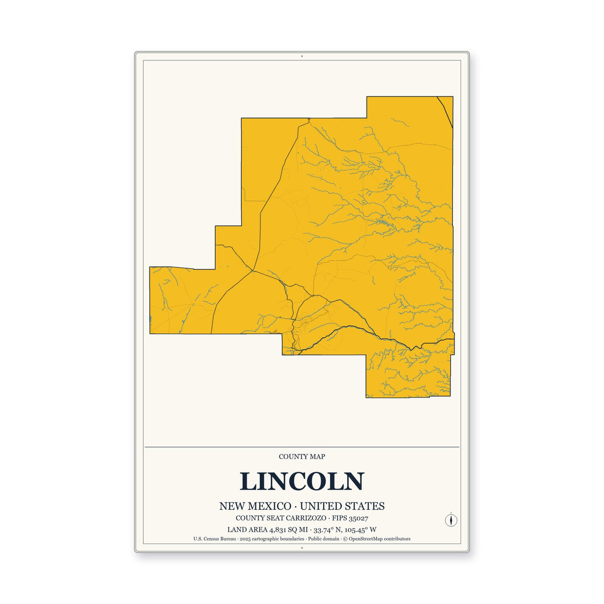 Lincoln County, New Mexico Map Aluminum Sign in Citrine Modern style