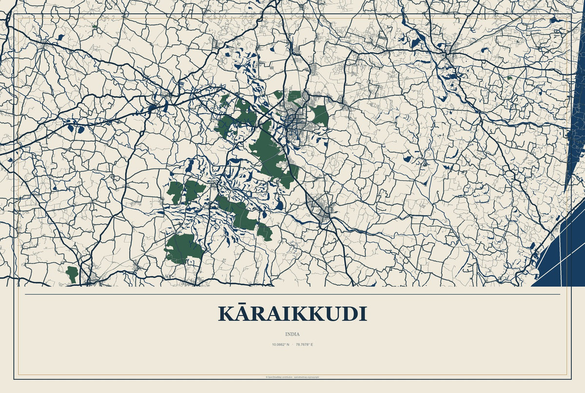 Kāraikkudi, India City Map Aluminum Sign in Coastal Cutout style
