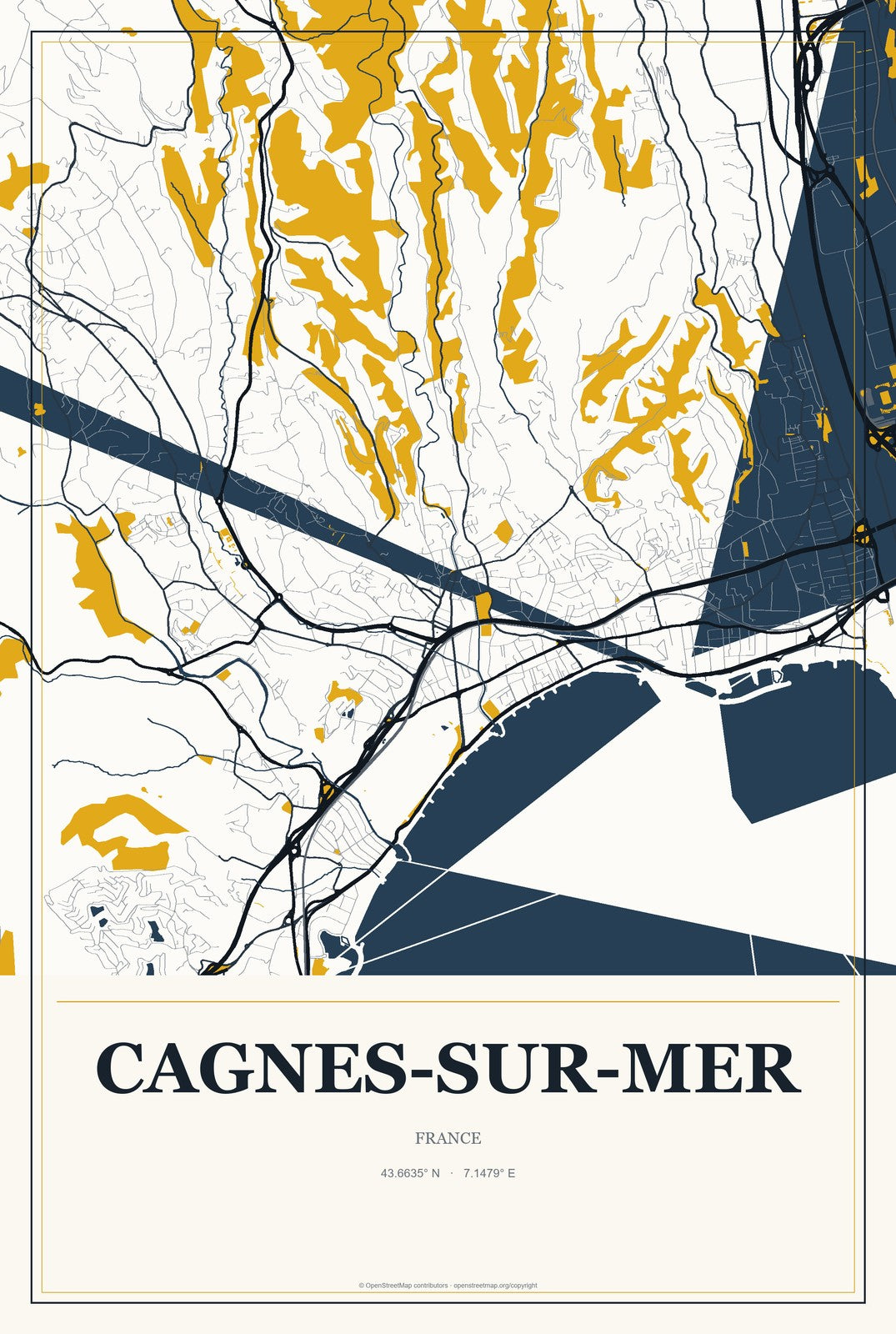 Cagnes-sur-Mer, France City Map Aluminum Sign in Citrine Modern style