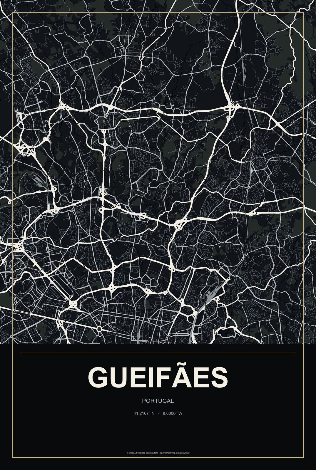 Gueifães, Portugal City Map Aluminum Sign in Metropolitan Noir style