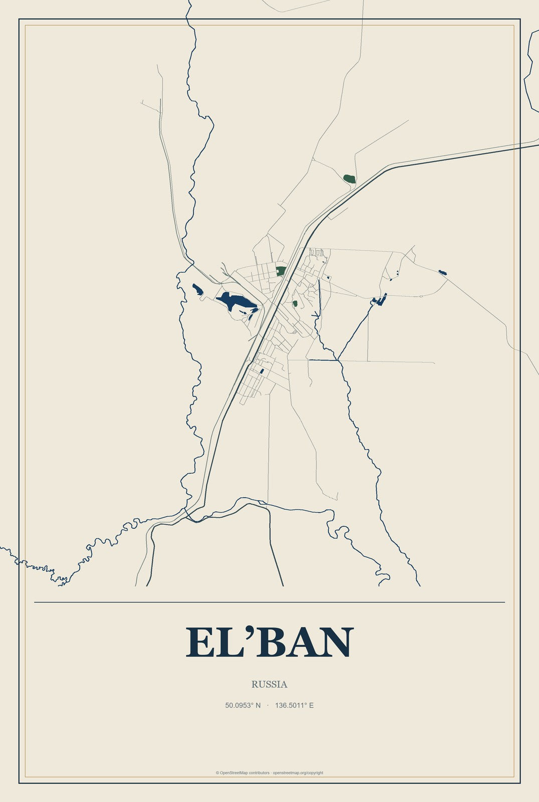 El’ban, Russia City Map Aluminum Sign in Coastal Cutout style