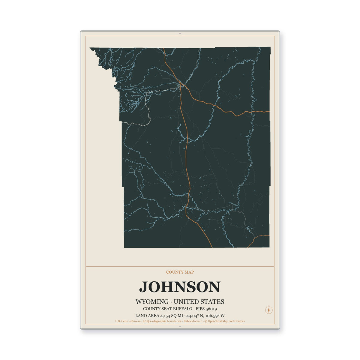 Johnson County, Wyoming Map Aluminum Sign in Headline Atlas style