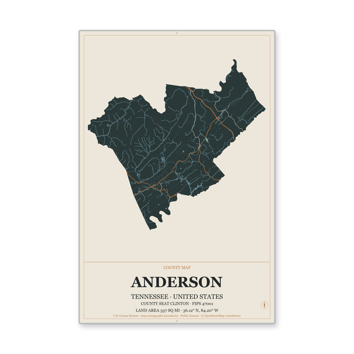 Anderson County, Tennessee Map Aluminum Sign in Headline Atlas style