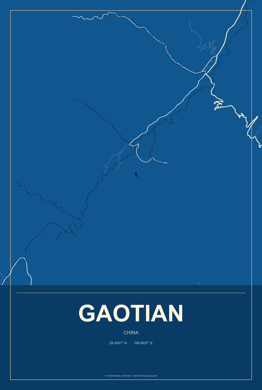 Gaotian, China City Map Aluminum Sign in Harbor Cobalt style