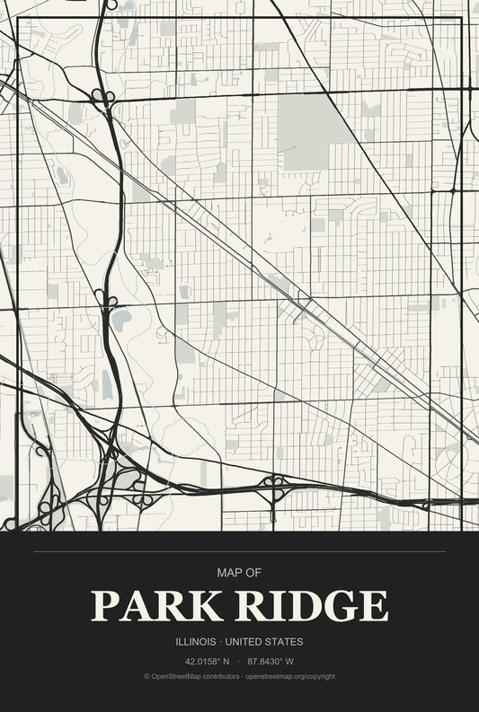 Park Ridge, Illinois City Map Aluminum Sign in Museum Plaque style