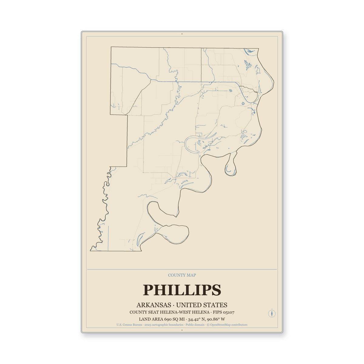 Phillips County, Arkansas Map Aluminum Sign in Heritage Nautical style