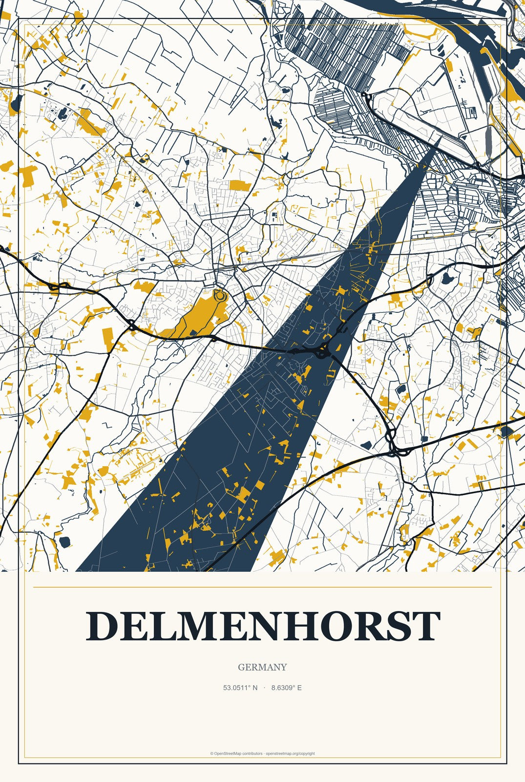 Delmenhorst, Germany City Map Aluminum Sign in Citrine Modern style