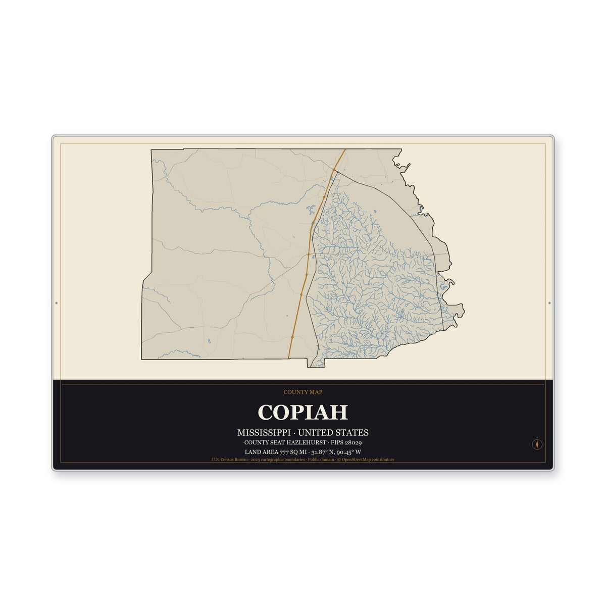 Copiah County, Mississippi Map Aluminum Sign in Museum Plaque style