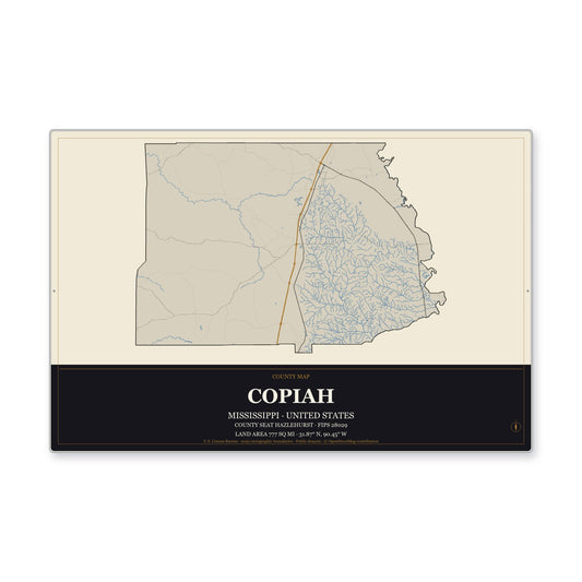 Copiah County, Mississippi Map Aluminum Sign in Museum Plaque style