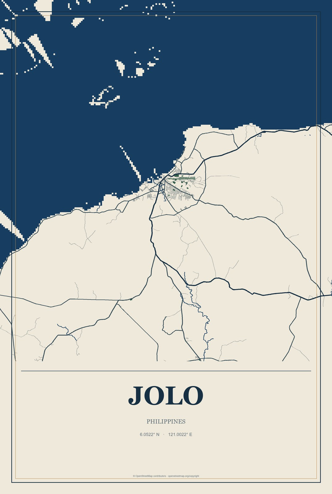 Jolo, Philippines City Map Aluminum Sign in Coastal Cutout style