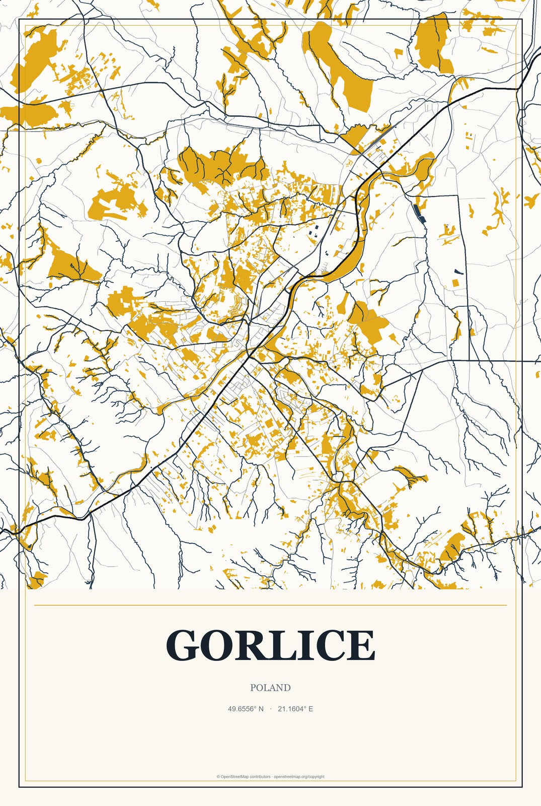 Gorlice, Poland City Map Aluminum Sign in Citrine Modern style