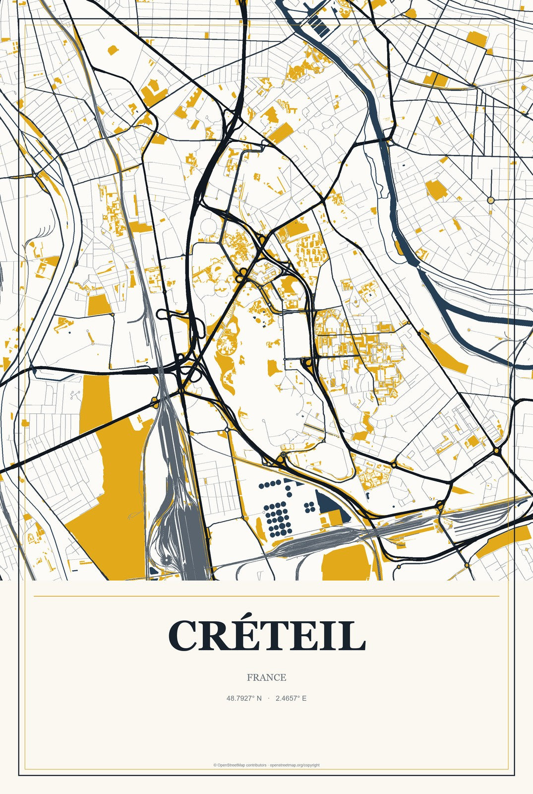 Créteil, France City Map Aluminum Sign in Citrine Modern style