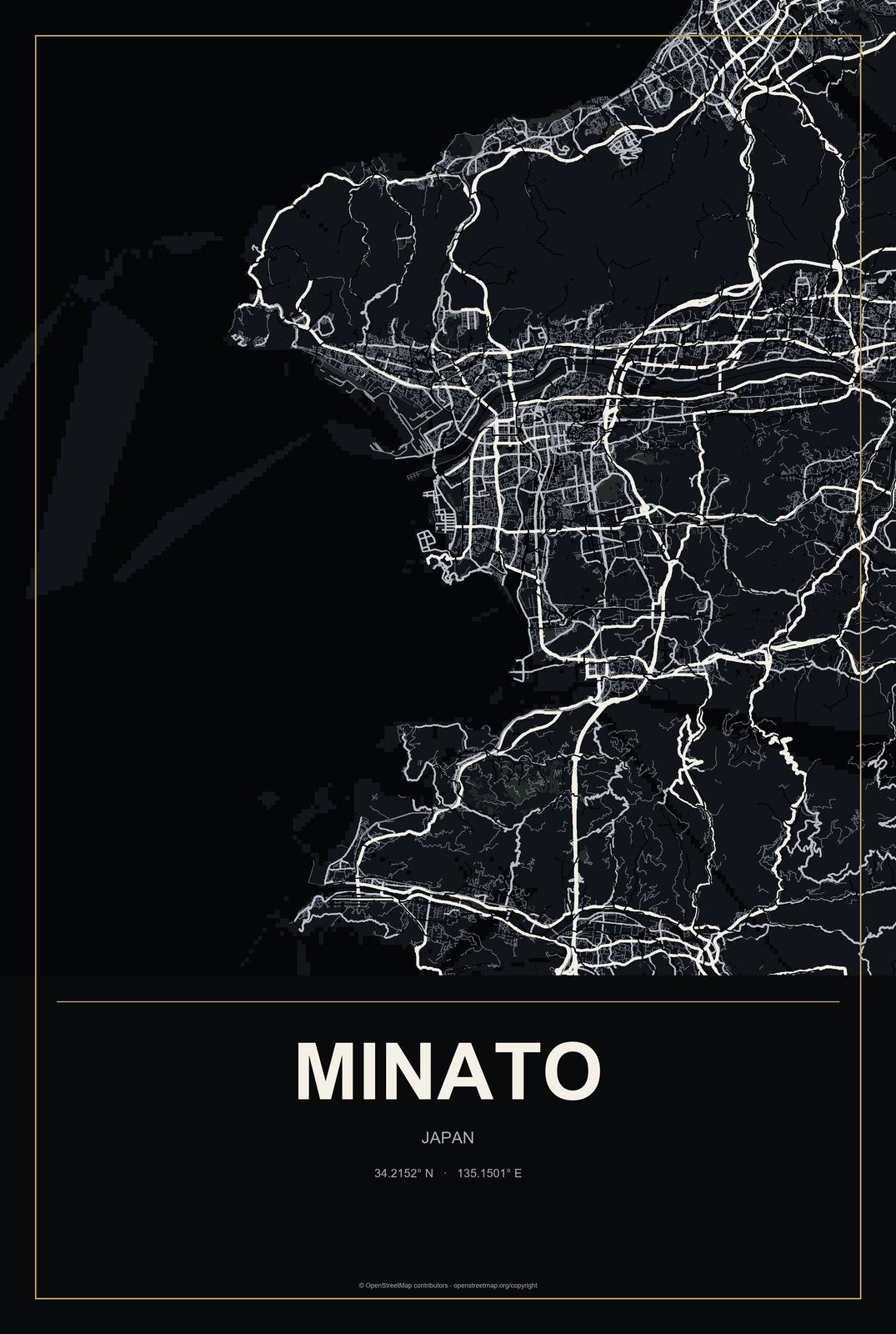 Minato, Japan City Map Aluminum Sign in Metropolitan Noir style
