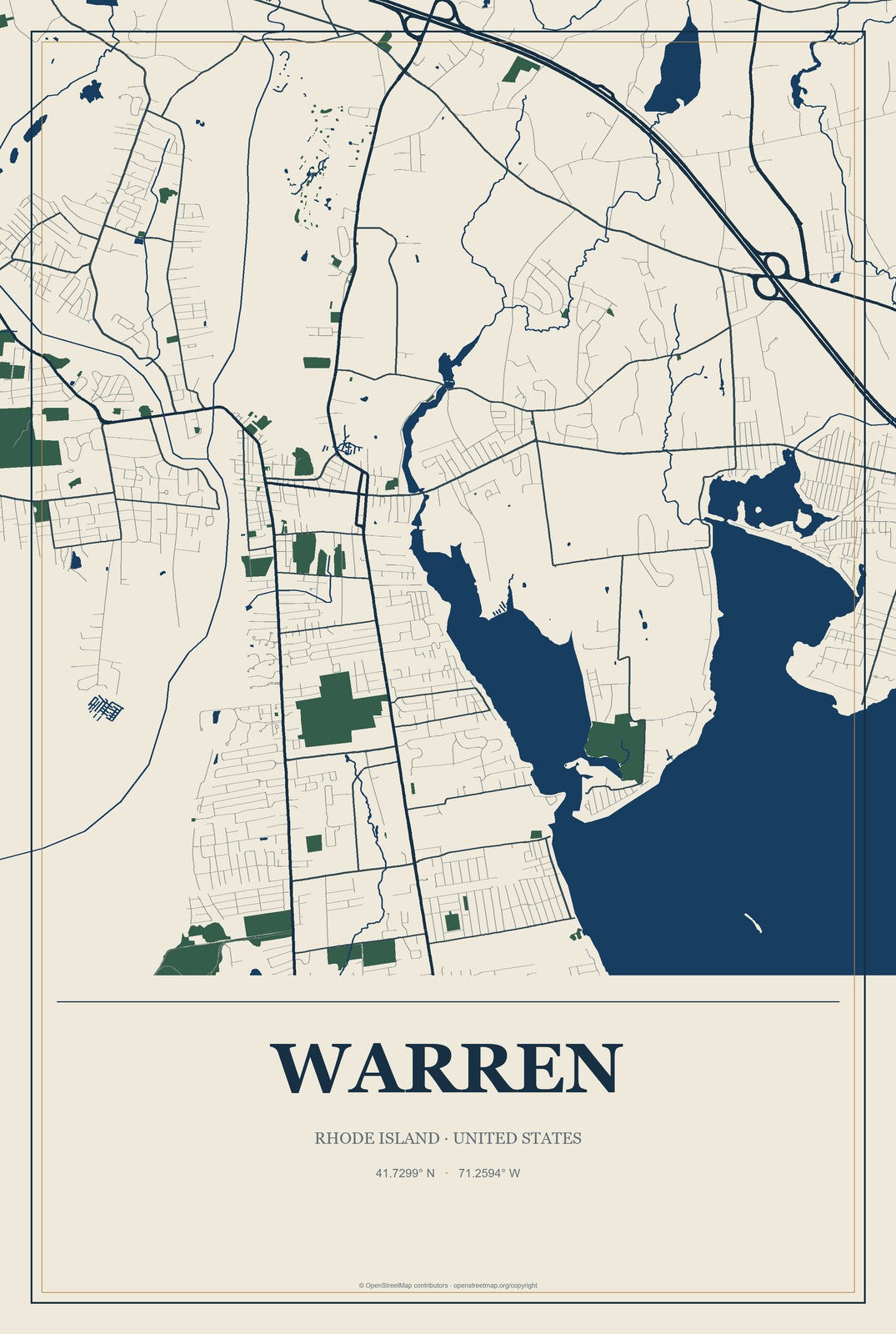 Warren, Rhode Island City Map Aluminum Sign in Coastal Cutout style
