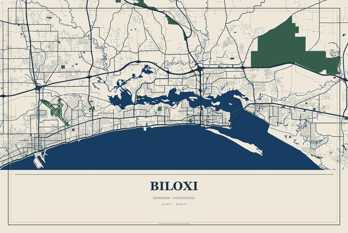 Biloxi, Mississippi City Map Aluminum Sign in Coastal Cutout style