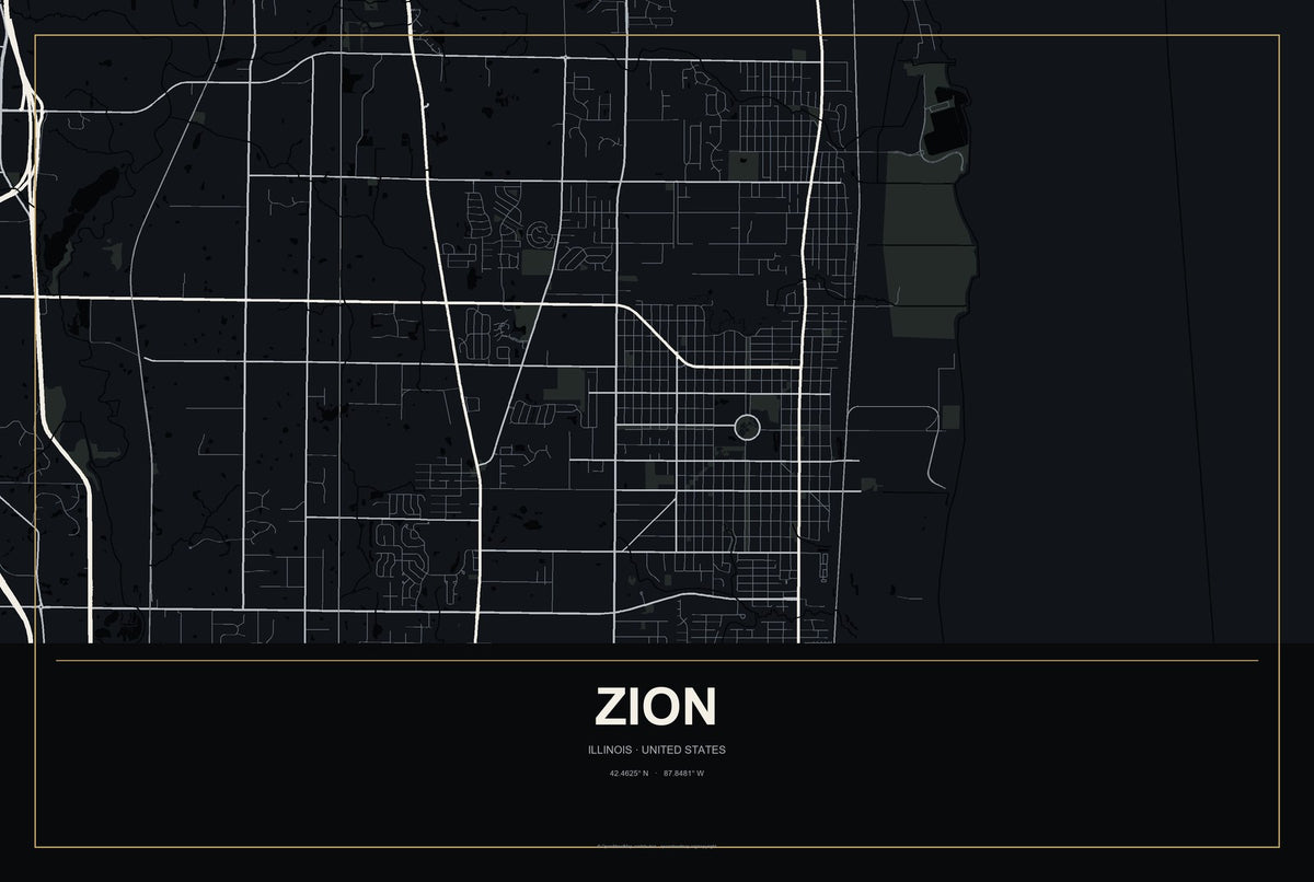 Zion, Illinois City Map Aluminum Sign in Metropolitan Noir style