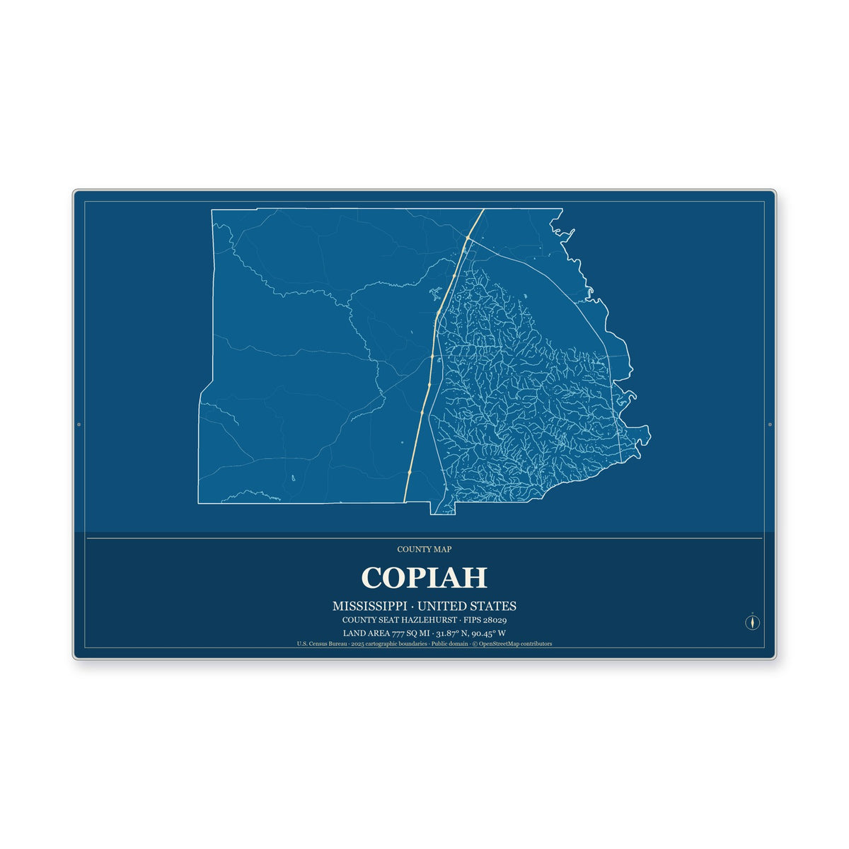 Copiah County, Mississippi Map Aluminum Sign in Harbor Cobalt style
