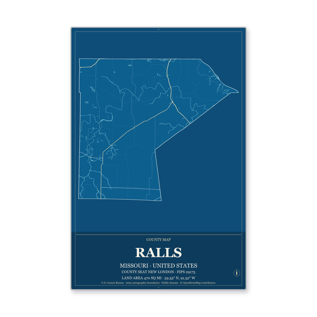 Ralls County, Missouri Map Aluminum Sign in Harbor Cobalt style