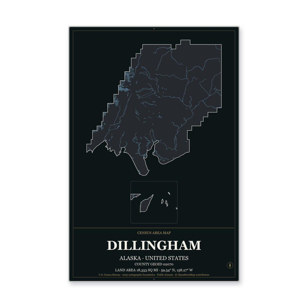 Dillingham Census Area, Alaska Map Aluminum Sign in Metropolitan Noir style