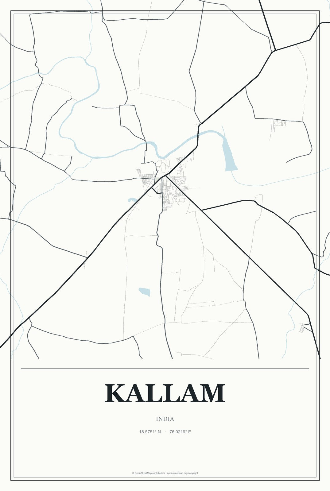 Kallam, India City Map Aluminum Sign in Gallery Air style