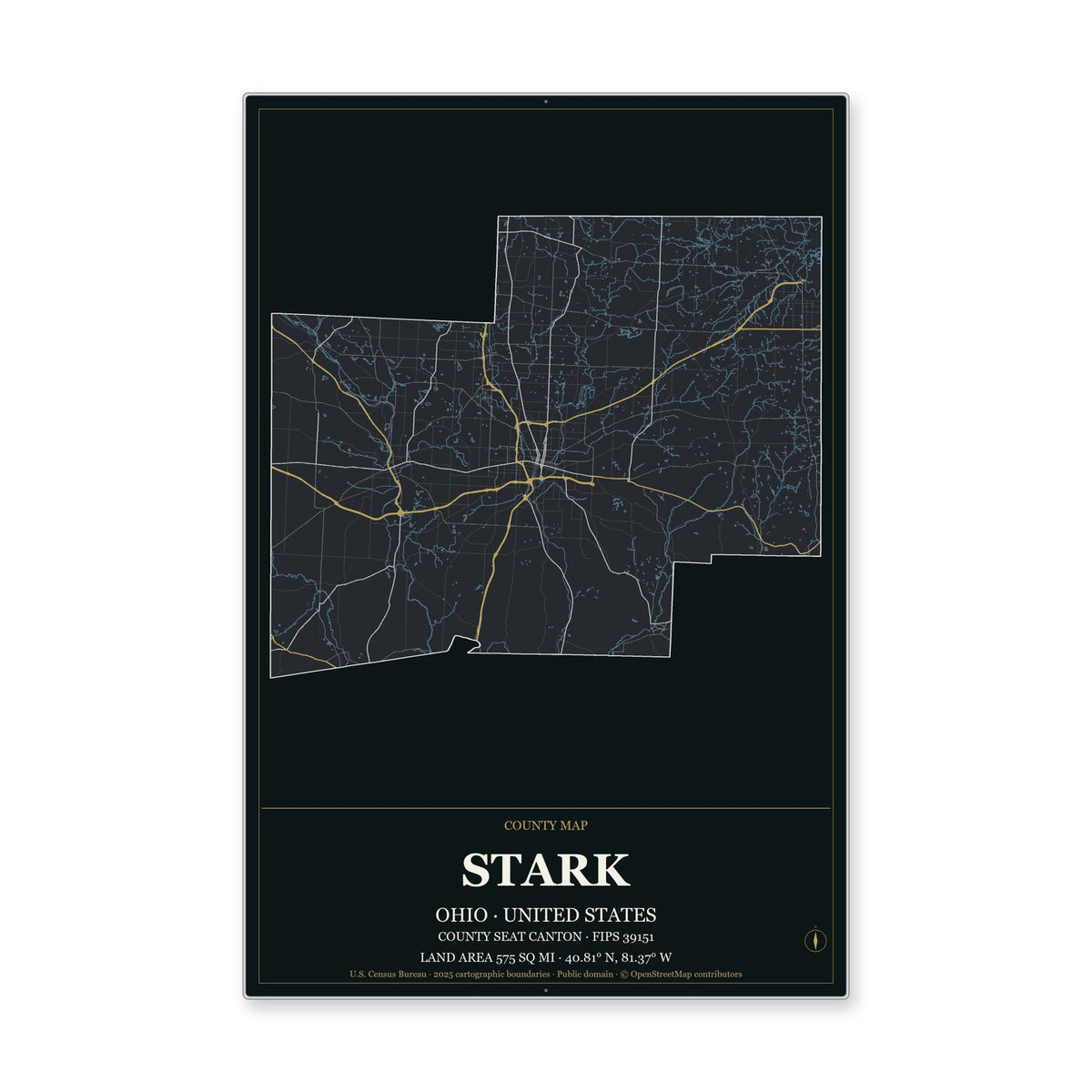 Stark County, Ohio Map Aluminum Sign in Metropolitan Noir style