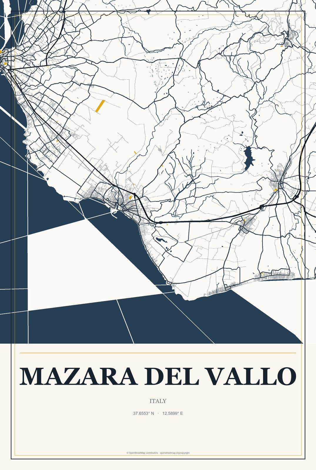 Mazara del Vallo, Italy City Map Aluminum Sign in Citrine Modern style