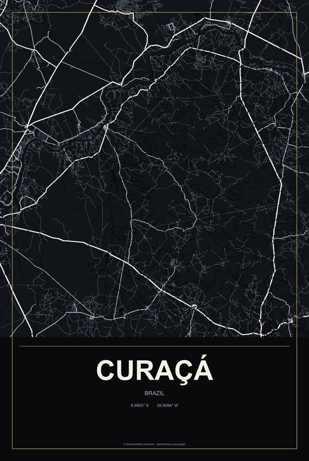 Curaçá, Brazil City Map Aluminum Sign in Metropolitan Noir style