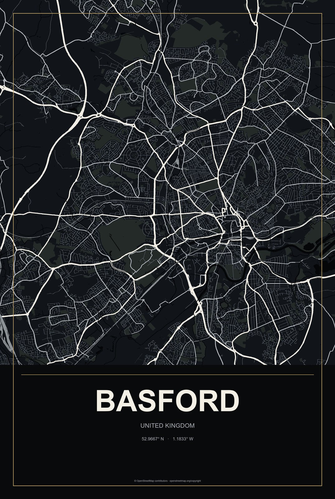 Basford, United Kingdom City Map Aluminum Sign in Metropolitan Noir style