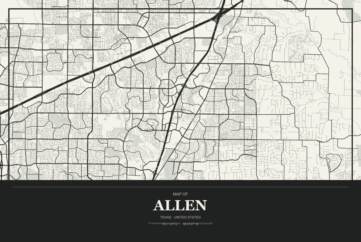 Allen, Texas City Map Aluminum Sign in Museum Plaque style