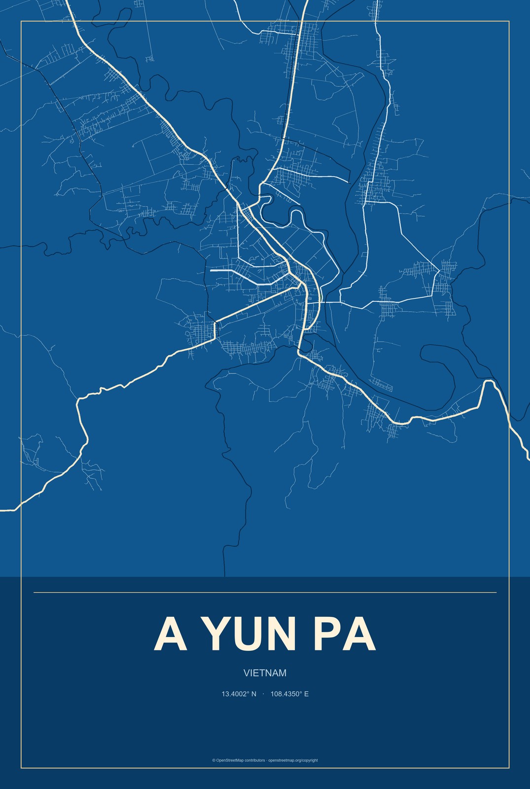 A Yun Pa, Vietnam City Map Aluminum Sign in Harbor Cobalt style