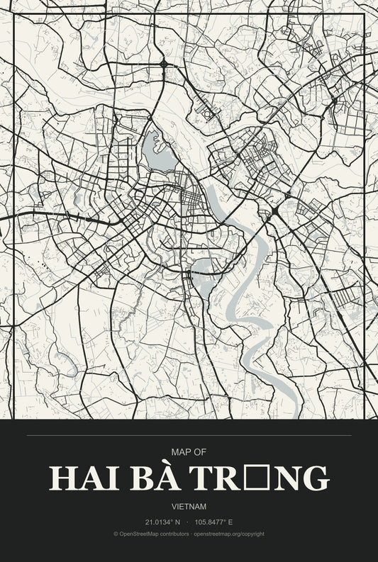 Hai Bà Trưng, Vietnam City Map Aluminum Sign in Museum Plaque style