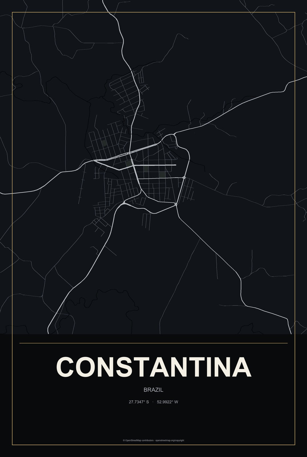 Constantina, Brazil City Map Aluminum Sign in Metropolitan Noir style