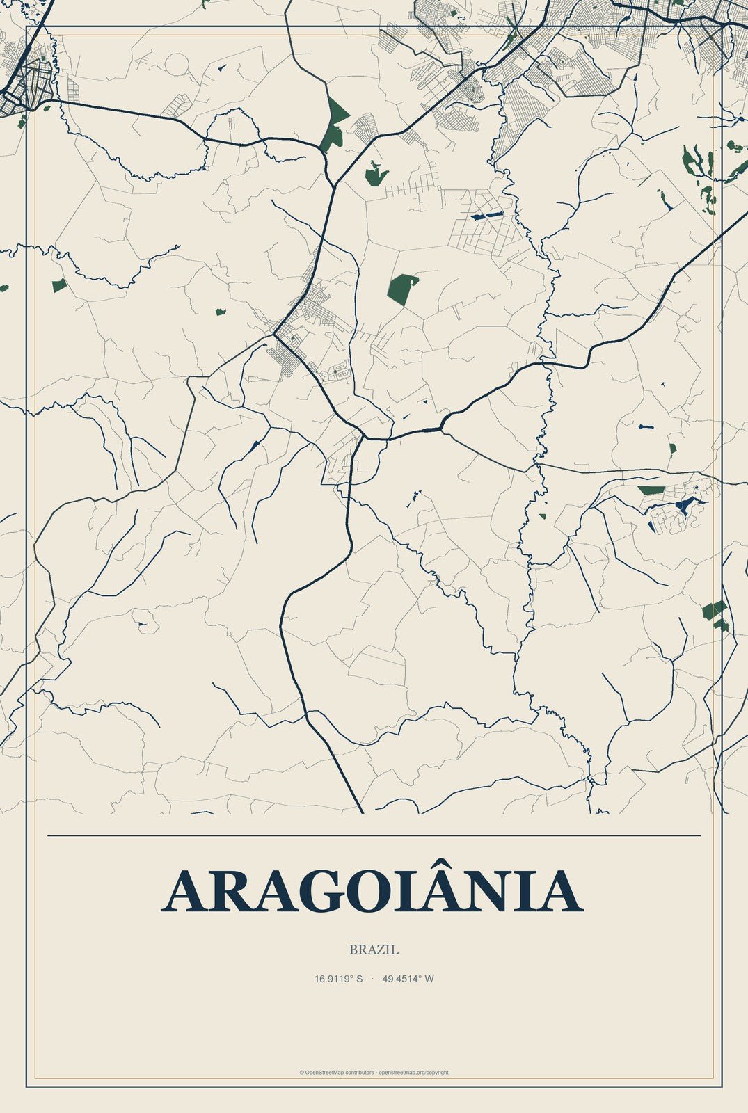 Aragoiânia, Brazil City Map Aluminum Sign in Coastal Cutout style