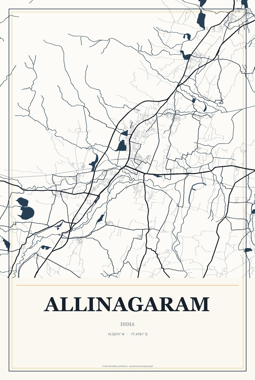Allinagaram, India City Map Aluminum Sign in Citrine Modern style