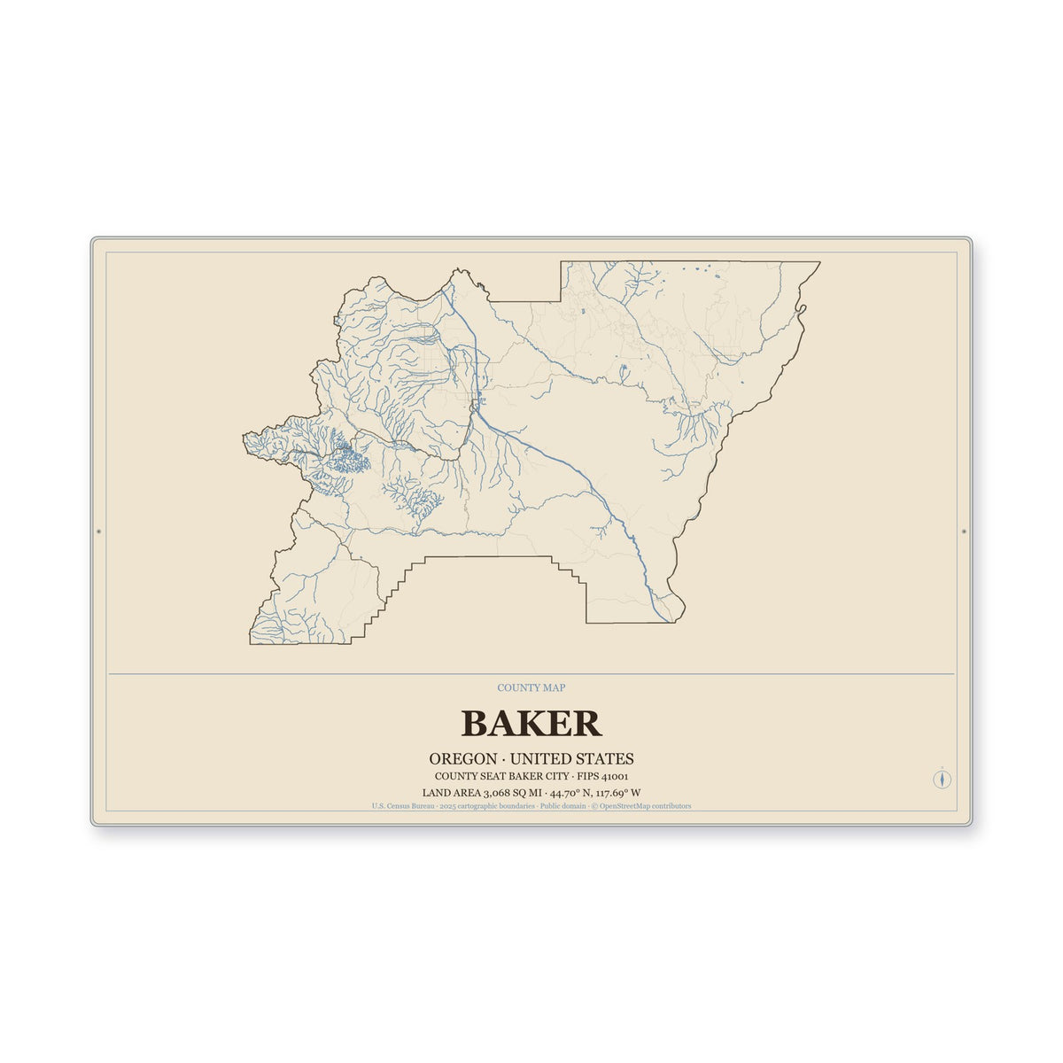 Baker County, Oregon Map Aluminum Sign in Heritage Nautical style