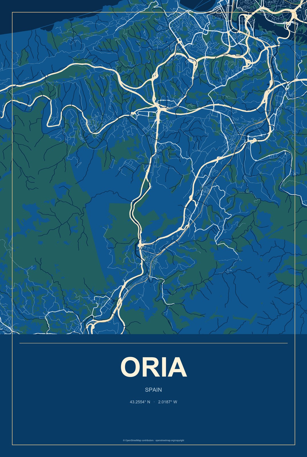 Oria, Spain City Map Aluminum Sign in Harbor Cobalt style