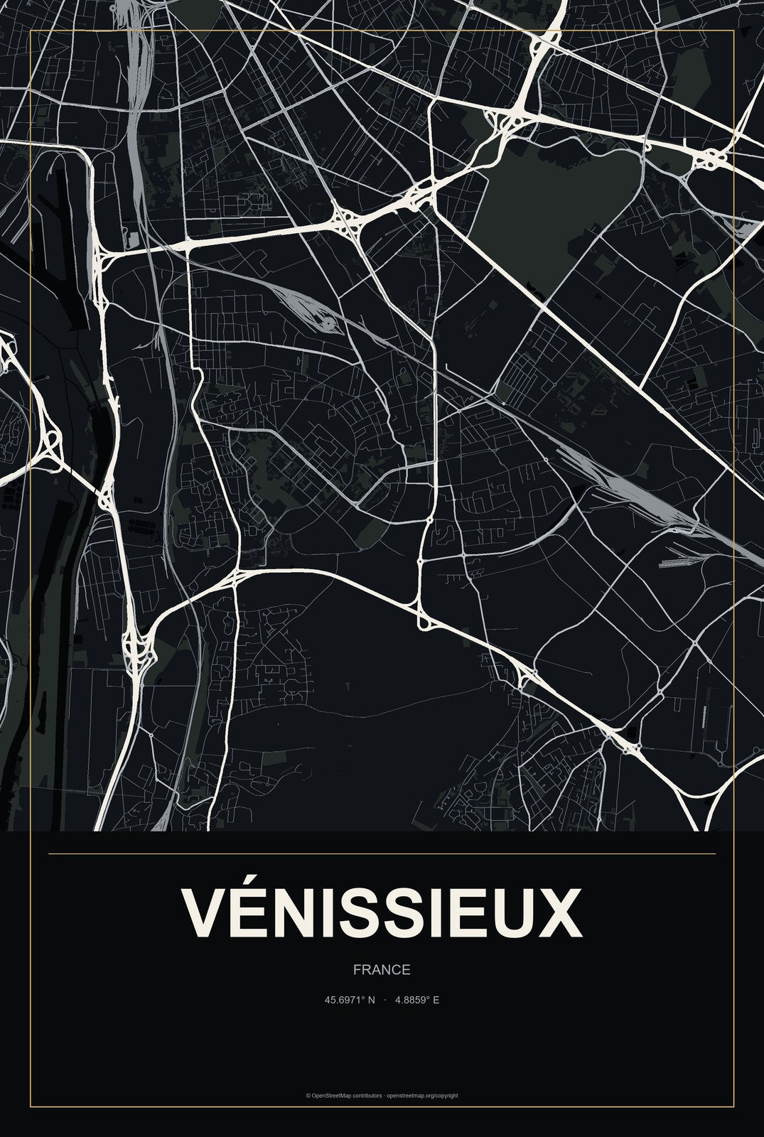 Vénissieux, France City Map Aluminum Sign in Metropolitan Noir style