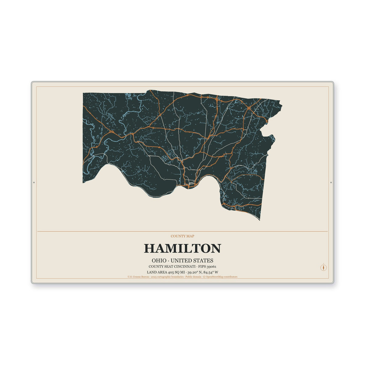 Hamilton County, Ohio Map Aluminum Sign in Headline Atlas style