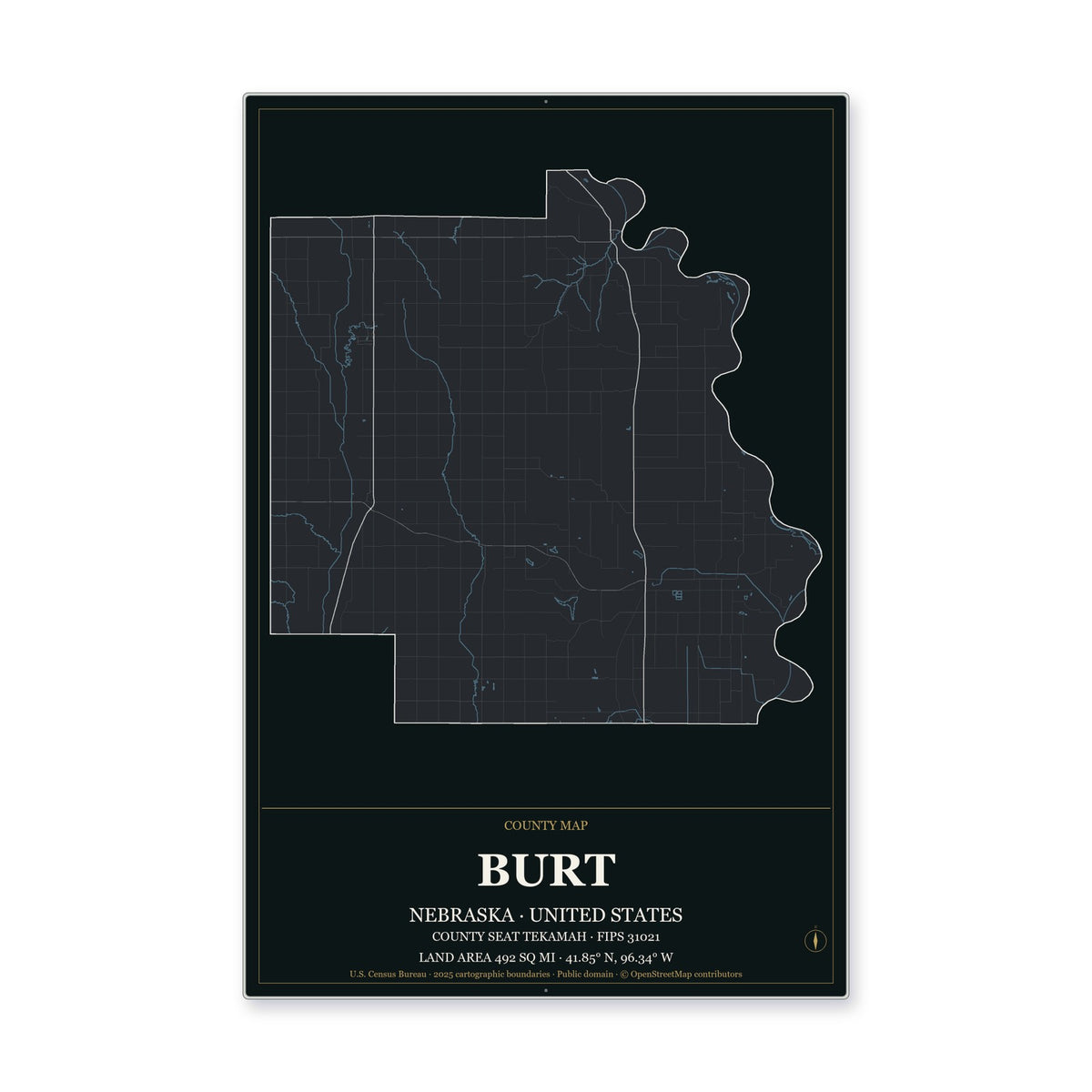 Burt County, Nebraska Map Aluminum Sign in Metropolitan Noir style