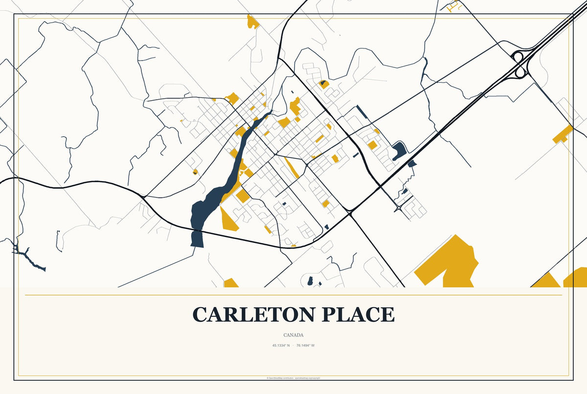 Carleton Place, Canada City Map Aluminum Sign in Citrine Modern style