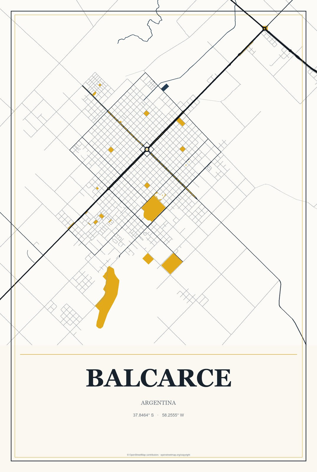 Balcarce, Argentina City Map Aluminum Sign in Citrine Modern style