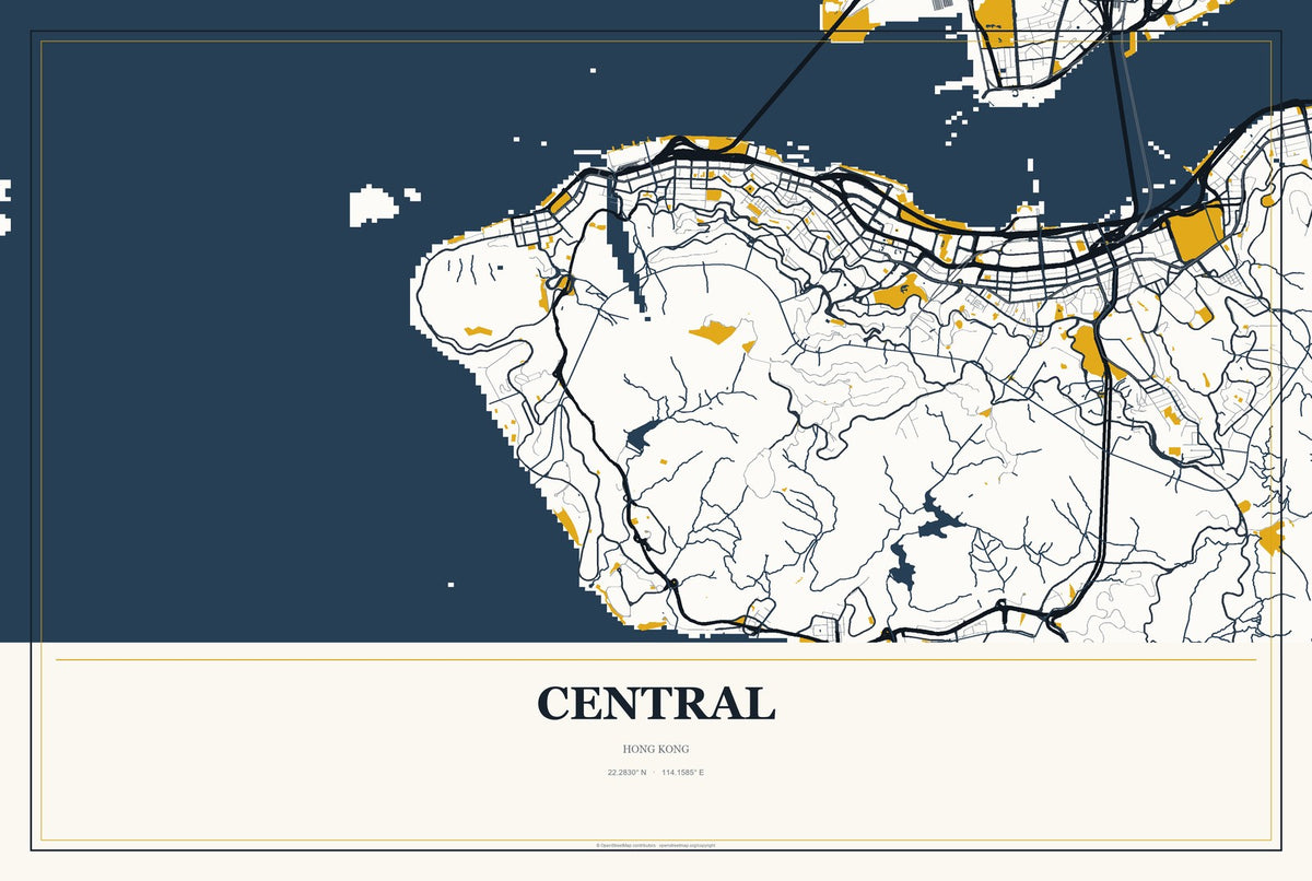 Central, Hong Kong City Map Aluminum Sign in Citrine Modern style