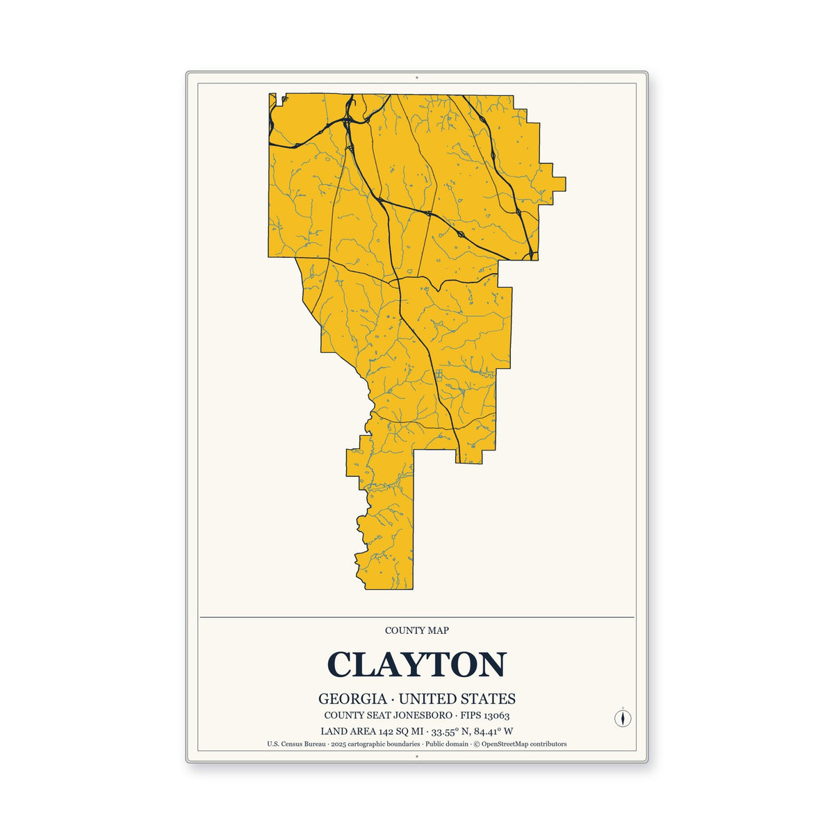 Clayton County, Georgia Map Aluminum Sign in Citrine Modern style