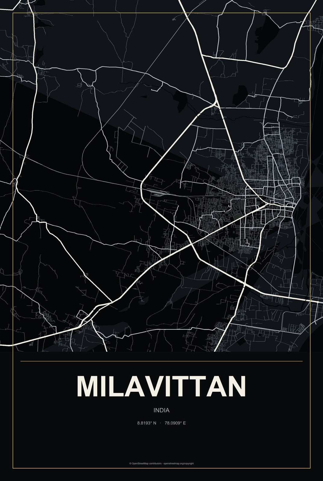 Milavittan, India City Map Aluminum Sign in Metropolitan Noir style
