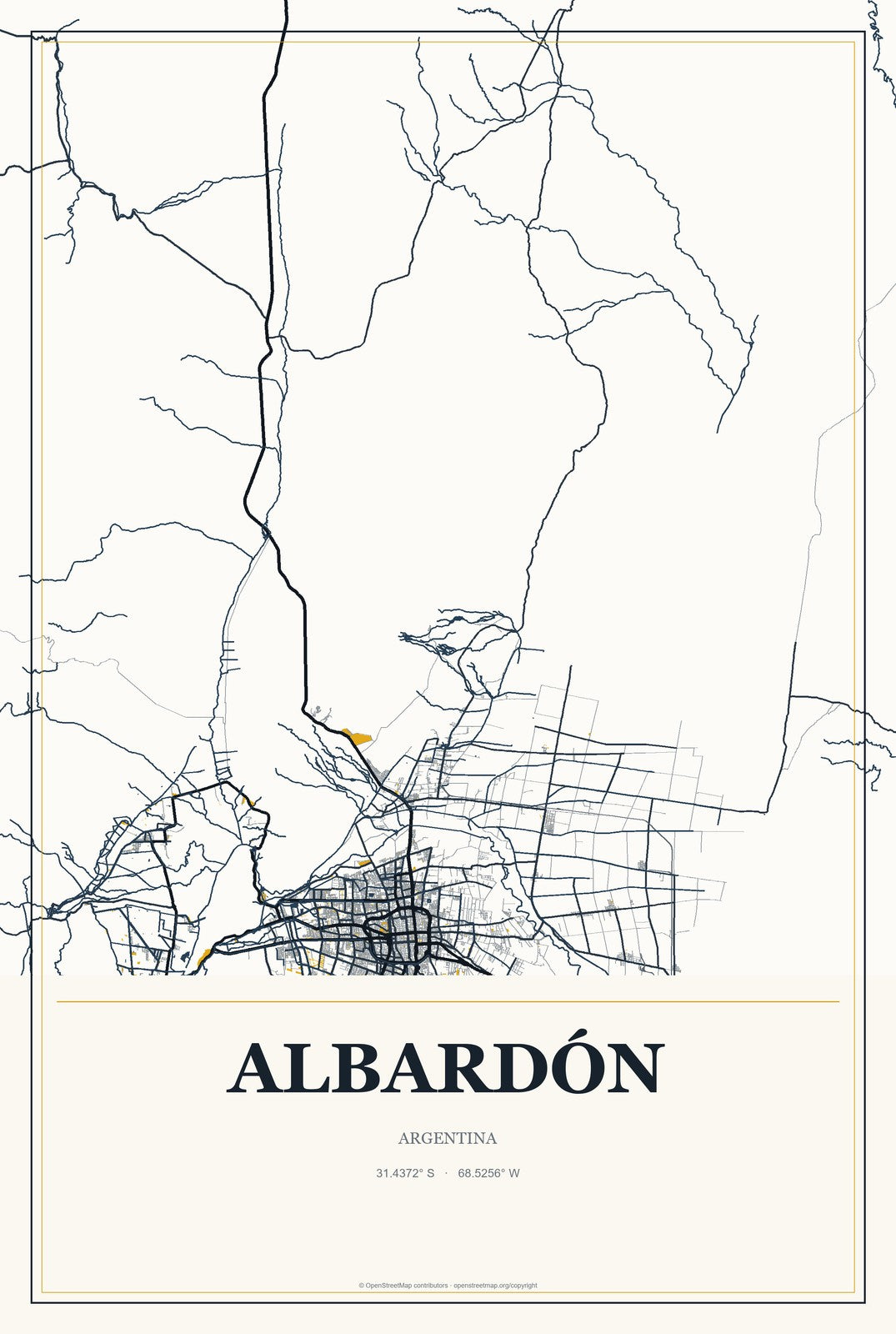 Albardón, Argentina City Map Aluminum Sign in Citrine Modern style