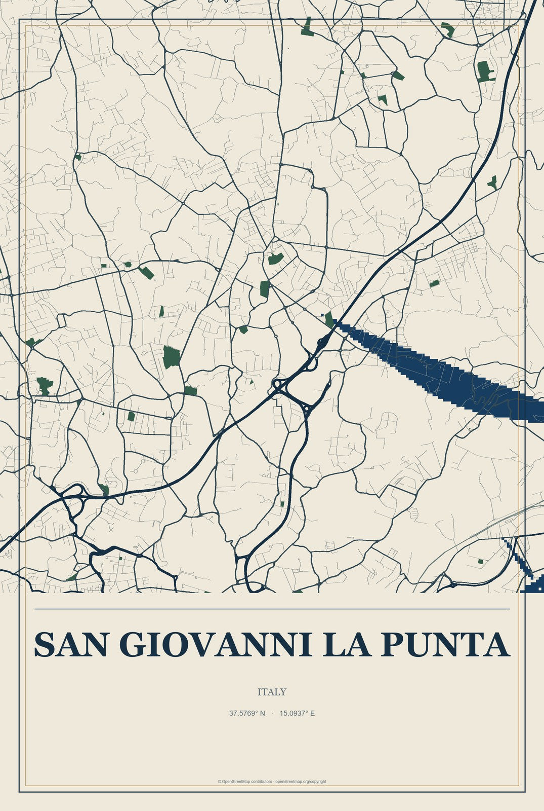 San Giovanni la Punta, Italy City Map Aluminum Sign in Coastal Cutout style