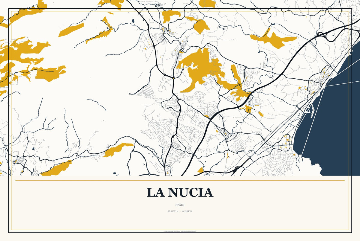 la Nucia, Spain City Map Aluminum Sign in Citrine Modern style