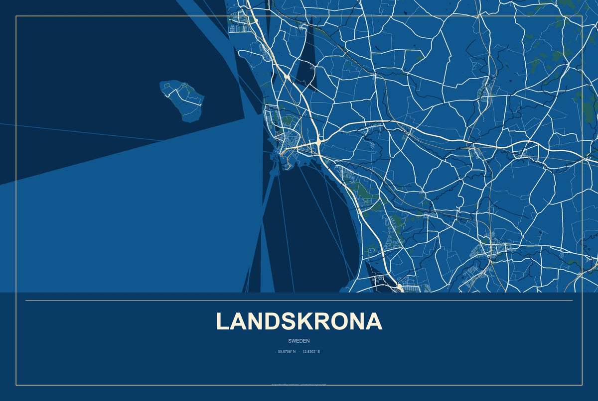 Landskrona, Sweden City Map Aluminum Sign in Harbor Cobalt style