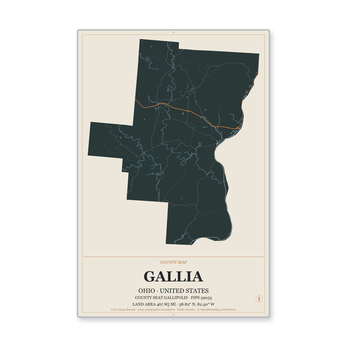 Gallia County, Ohio Map Aluminum Sign in Headline Atlas style